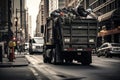 Overflowing waste truck in the city street, garbage crisis city life.