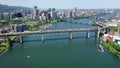 overflying Willamette River from Tilikum Crossing Bridge to Marquam Bridge, with USS Blueback Submarine in the River