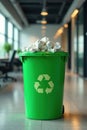Overfull green recycling bin  modern office setting   recycling bin  building Royalty Free Stock Photo