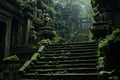 Overgrown ancient temples mysterious relics in lush jungle, lost civilization adventure art