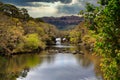 Overgrown Bridge over a River in Killarney National Park, Ireland. Ancient Bridge with a dramatic sky Royalty Free Stock Photo