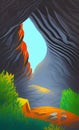 Overgrown cave entrance - simplified cartoonish style