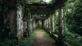 Overgrown Classical Corridor with Moss-Covered Columns and Archways Royalty Free Stock Photo