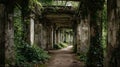 Overgrown Classical Corridor with Moss-Covered Columns and Archways Royalty Free Stock Photo