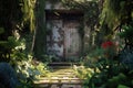 overgrown door in an abandoned garden maze Royalty Free Stock Photo