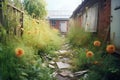 overgrown garden path leading to a derelict house