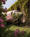 Overgrown ivy creeps over an old warplane as pink tulips take root around it. Abandoned landscape. AI generation