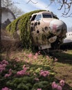 Overgrown ivy creeps over an old warplane as pink tulips take root around it. Abandoned landscape. AI generation