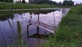 An overgrown pond in the late evening. Bridges near the shore. Reflection of the night sky on the water surface Royalty Free Stock Photo