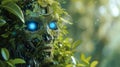 Overgrown robot face with glowing blue eyes Royalty Free Stock Photo