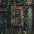 Overgrown rusty electrical box on weathered wall Royalty Free Stock Photo