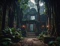 Overgrown temple ruins in a lush atmospheric jungle setting ancient architecture Royalty Free Stock Photo