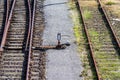 Overgrown tracks and rail switch with old wooden planks, Loebau, Saxony, Germany Royalty Free Stock Photo