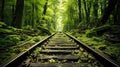 Overgrown train tracks in remote forest, forgotten and hidden Royalty Free Stock Photo