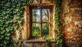 Overgrown window in rustic brick wall, sunlight illuminating lush greenery. Generative AI Royalty Free Stock Photo