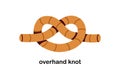 Overhand thumb knot tied with rope. Simple reliable stopper for binding, connection, safety. String, cord, wire with