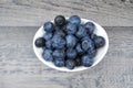 Overhea view of fresh blueberries on wood in dish