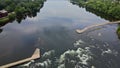 Overhead aerial landscape view of Delaware river of Lambertville New Jersey, near small town historic New Hope