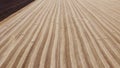 Overhead aerial photo of the lines in the field after harvesting hay feed and rolling it into bales Royalty Free Stock Photo