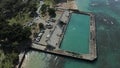 Aerial drone view of ruins of the Waikiki Natatorium War Memorial on Oahu, Hawaii