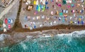 Overhead aerial view of Positano Beach on a beautiful summer day