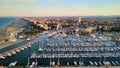 Overhead aerial view of Rimini Port with docked Boats, Italy