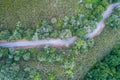 overhead aerial view of a road in an oak forest on an overcast day Royalty Free Stock Photo