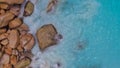 Overhead aerial view of Seychelles Beach with rocks, ocean landscape