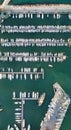 Overhead aerial view of small boats docked in the port, panoramic drone viewpoint Royalty Free Stock Photo