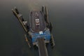 Overhead Aerial View of a Small Ferryboat docking on Lummi Island.