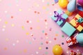 Overhead background collection of colorful birthday party objects and gift box on a pastel color background Ai Generative
