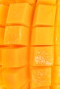 Overhead background texture of colorful orange tropical mango in full frame wide angle view, Mango meat close up, Delicious tropic