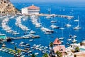 Overhead bay view of Avalon harbor with casino, pleasure pier, sailboats and yachts on Santa Catalina island vacation in Californi Royalty Free Stock Photo