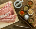 Overhead Shot of BBQ Rib Dinner with Seasonings, Mortar, Pestle