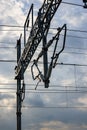 Overhead catenary wire structure use for connecting the train Pantograph of an electric train Royalty Free Stock Photo