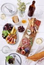 Overhead of charcuterie platter board