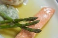 Overhead close up of salmon dish with asparagus