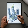 Photorealistic overhead view of hands using a stylus on a large illuminated tablet screen displaying an intricate 3D architectural Royalty Free Stock Photo