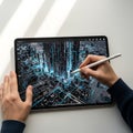 Photorealistic overhead view of hands utilizing a sleek digital stylus to sketch complex patterns on a large tablet, instantly rev Royalty Free Stock Photo