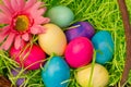 Overhead closeup of colored Easter Eggs in Basket