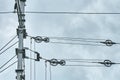 Overhead contact wires of electrified railway tracks against a gloomy sky Royalty Free Stock Photo