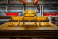 Overhead crane with electromagnetic beam grippers lifting steel sheets Royalty Free Stock Photo