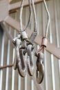 Overhead crane hooks closeup in the assembly workshop