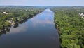 Overhead of Delaware river landscape, view near small town historic New Hope Pennsylvania American town of Lambertville