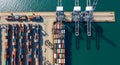 Aerial view of a busy shipping port with cranes and cargo containers Royalty Free Stock Photo