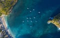 Overhead Drone Shot Jukung Boats at Crystal Bay at Nusa Penida, Bali - Indonesia