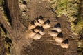 Overhead view of pile of ground with tractor tracks