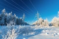 The overhead electric line over blue sky. Electrical wires of power line or electrical transmission line