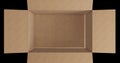 Overhead of empty brown cardboard box with lid opening on black background Royalty Free Stock Photo