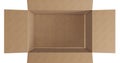 Overhead of empty brown cardboard box with lid opening on white background Royalty Free Stock Photo